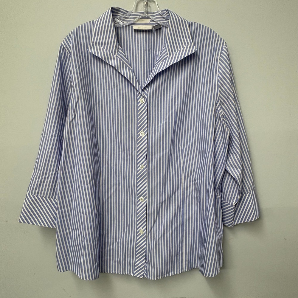 Chico's No-Iron Blue White Striped 3/4 Sleeve Button Down Shirt Size 3 XL 16